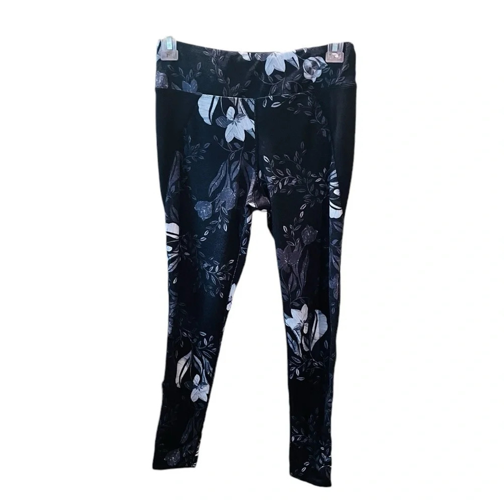Betsey Johnson Performance floral leggings SZ S black gray 22” inseam